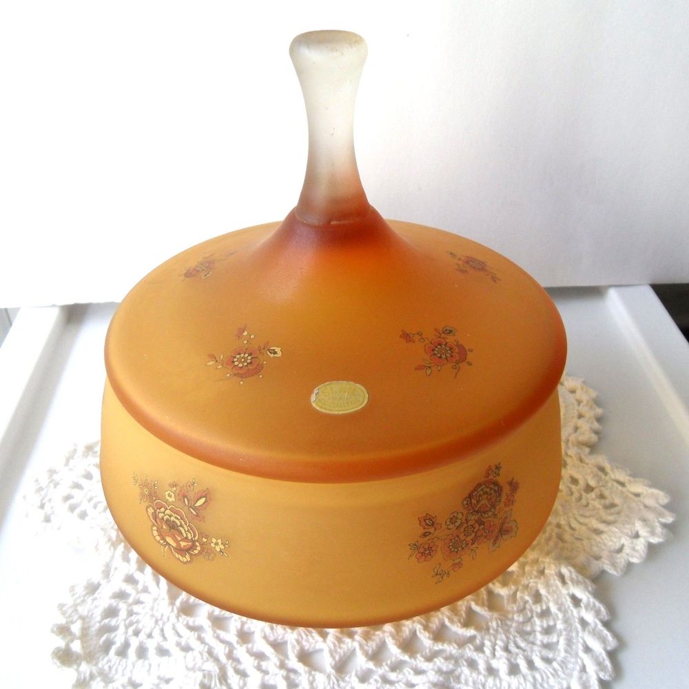 Vintage Italian Lidded Dish Frosted Amber Glass Applied Floral Design